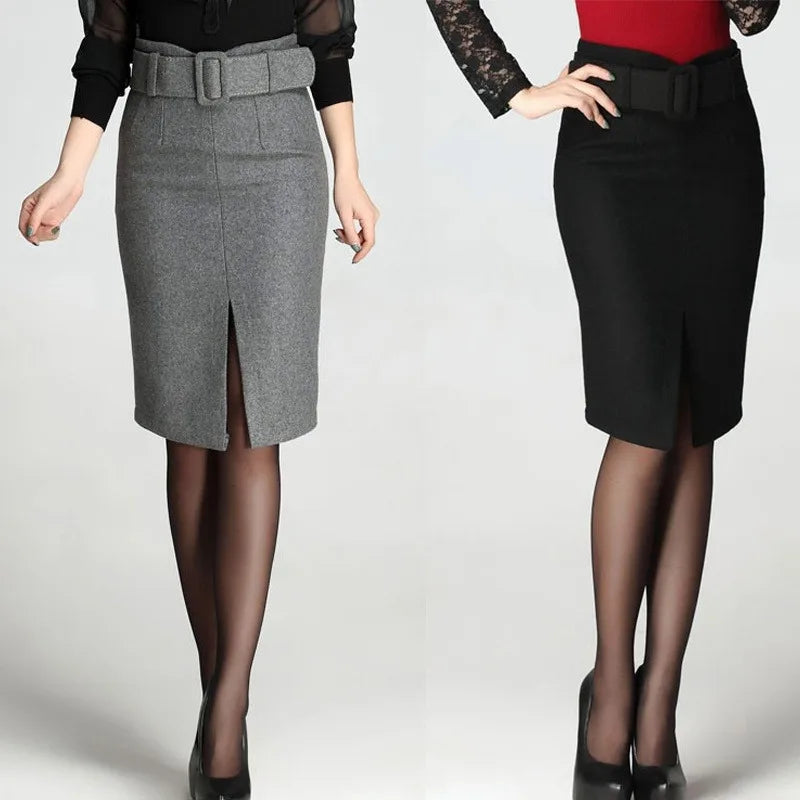 Woll-Bleistiftrock mit Gürtel – Eleganter High-Waist Mid-Length Rock in großen Größen